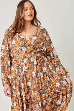 Plus Puff Sleeve Floral Print Belt Surplice Dress