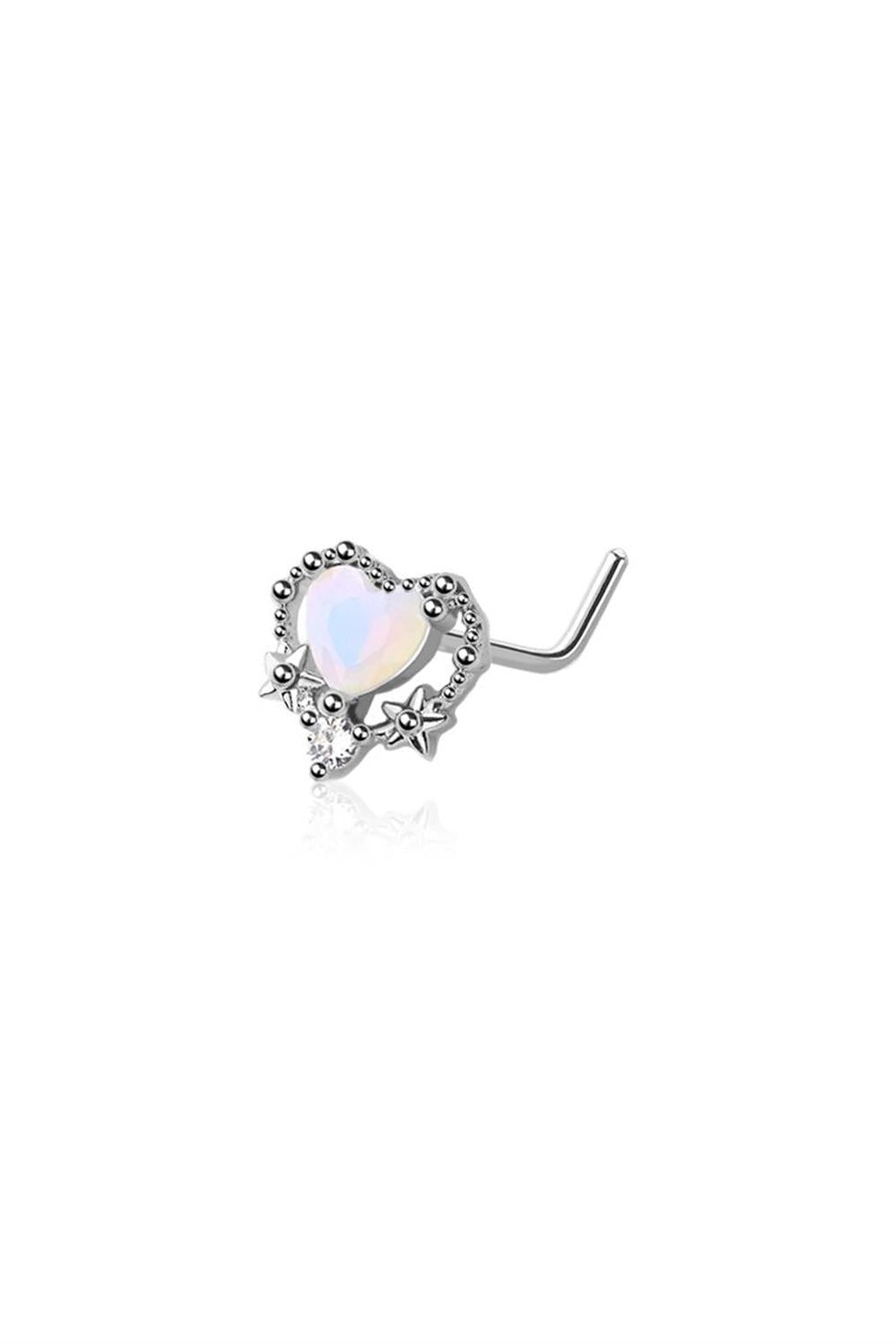 Opal Heart w/Center CZ Gem L-Shape Nose Ring