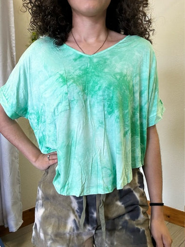 Folded Drop Shoulder V Neck Tie Dyed Top