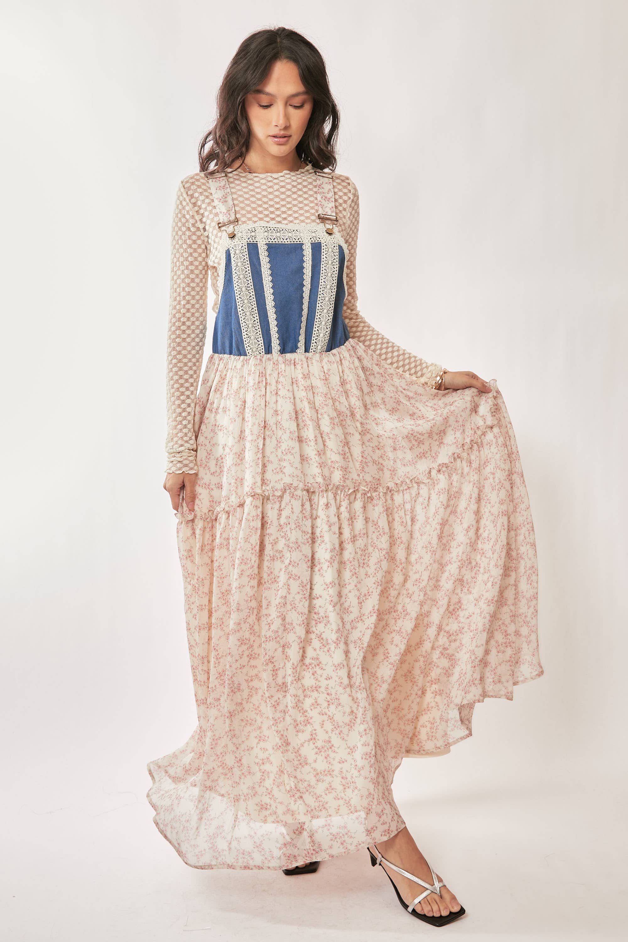 Denim w/Lace Overall Midi Dress