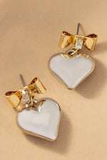 Two tone puffy heart and bow drop earrings