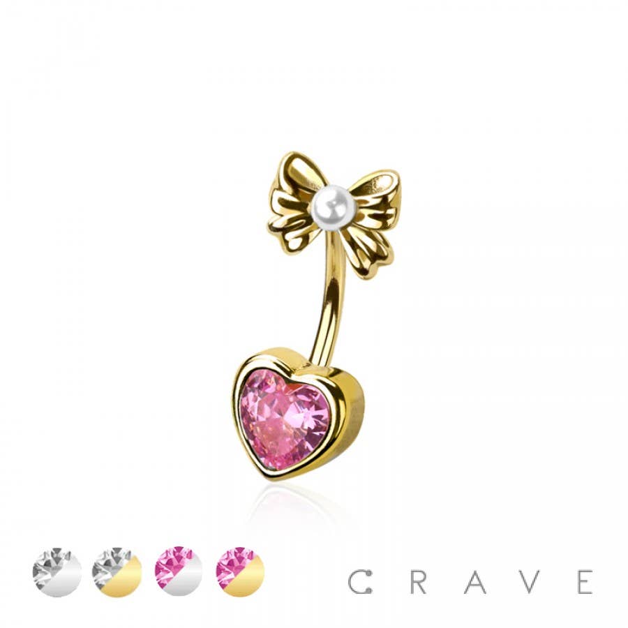 CZ Heart Bow Ribbon Belly Button Ring