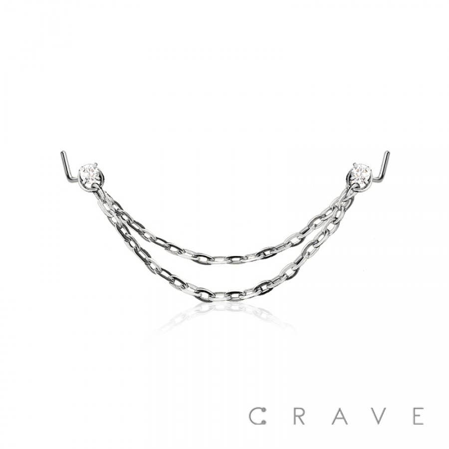 CZ L Shape Nose Rings w/Double Chain