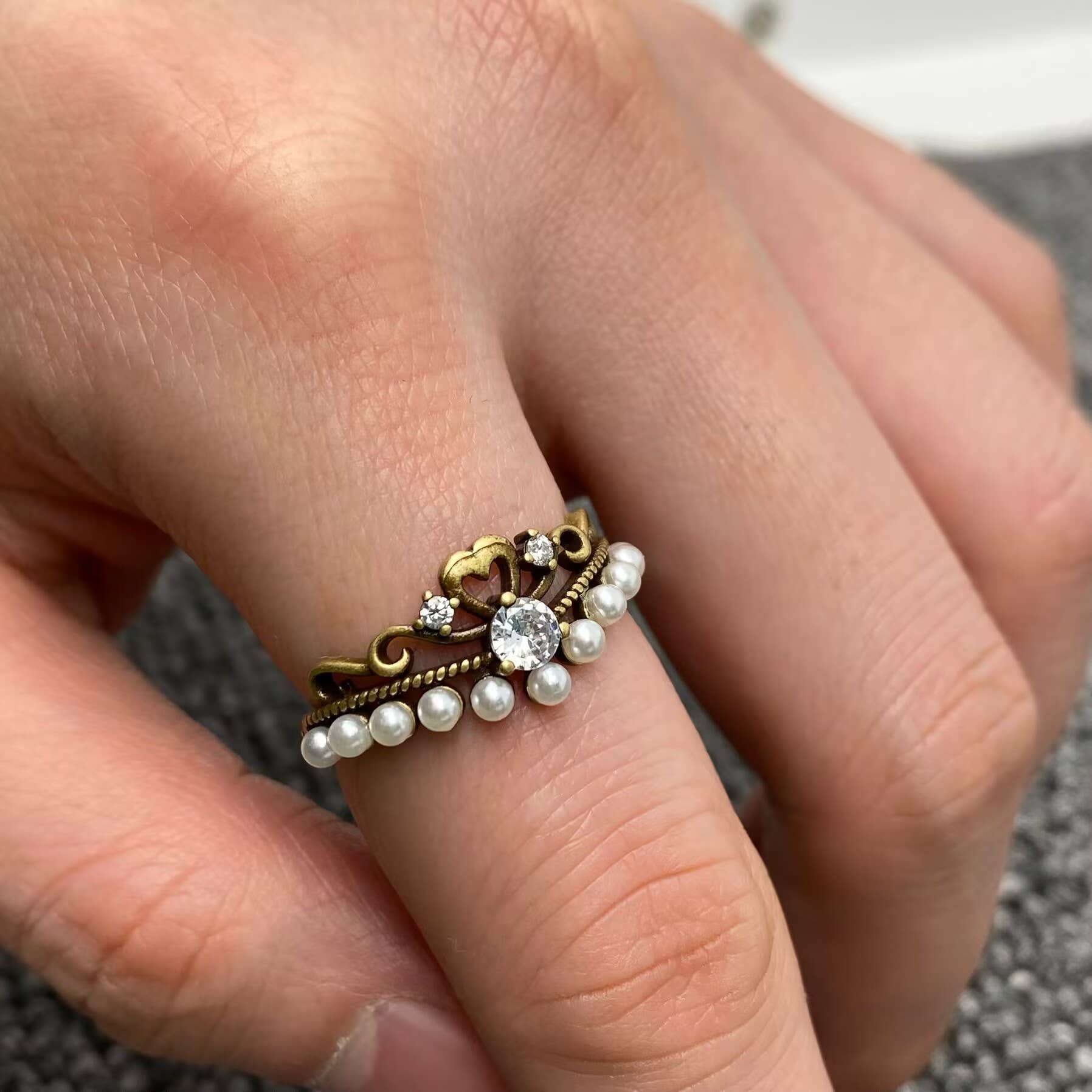 Antique-Inspired Pearl Crown Adjustable Ring