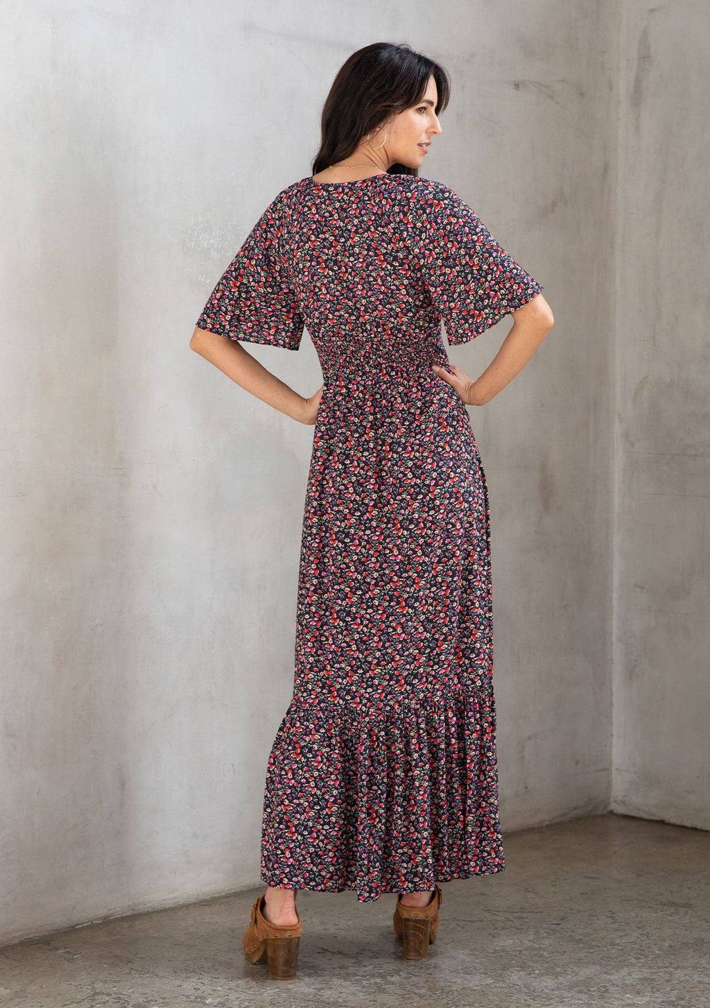 Vintage Floral Print Flutter Sleeve Maxi Dress