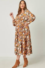 Plus Puff Sleeve Floral Print Belt Surplice Dress