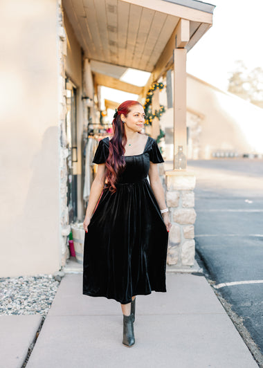 Velvet Corset Puff Sleeve Midi Dress