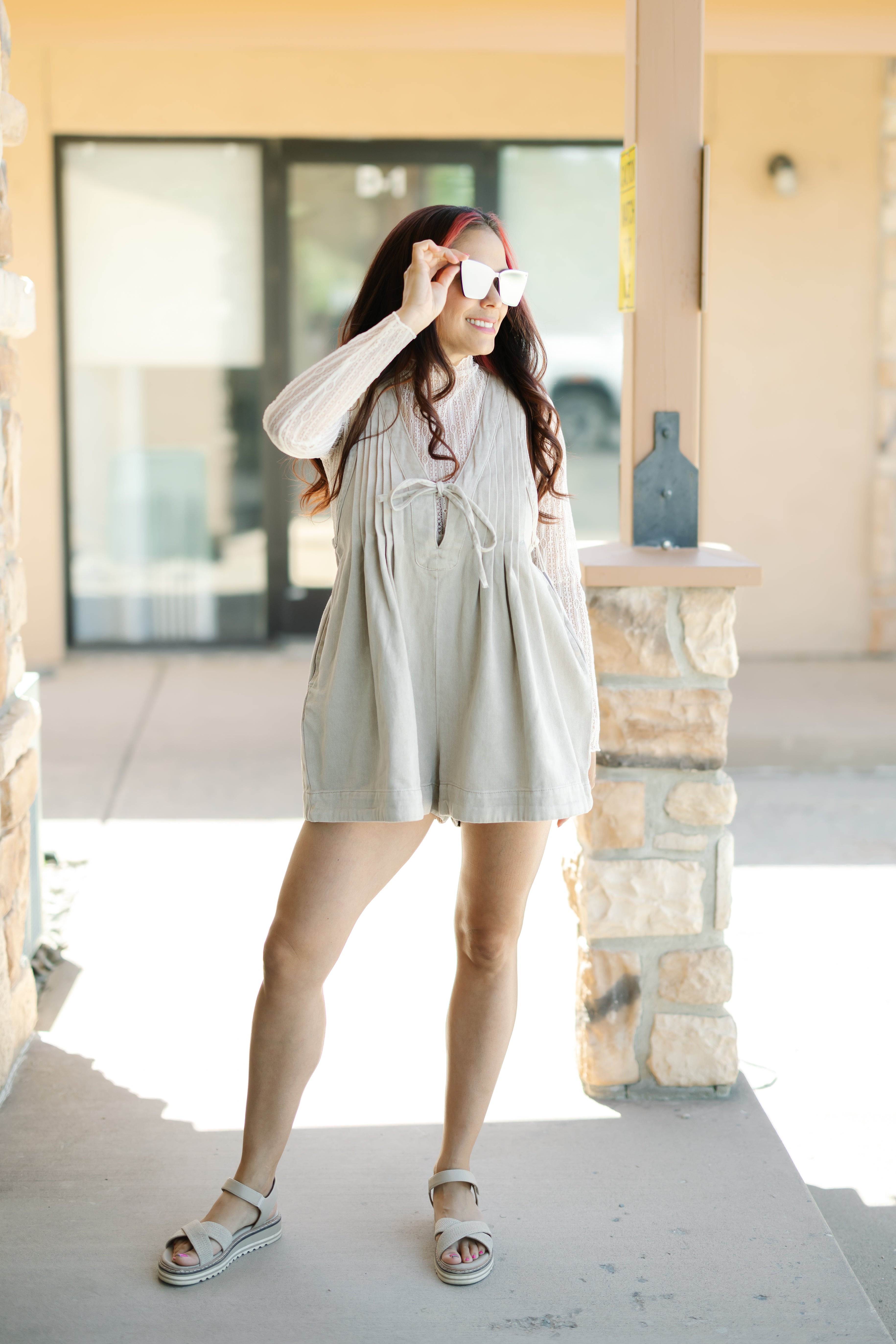 Front Pleated V Neck Sleeveless Denim Romper