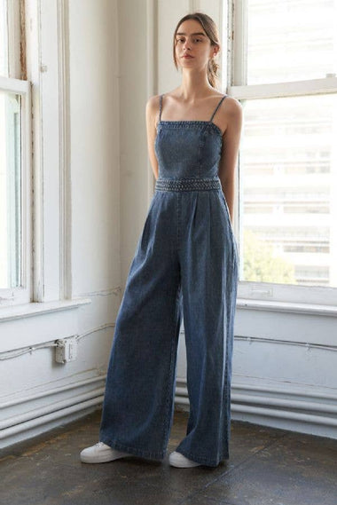 Denim Acid Washed Wide Leg Jumpsuit