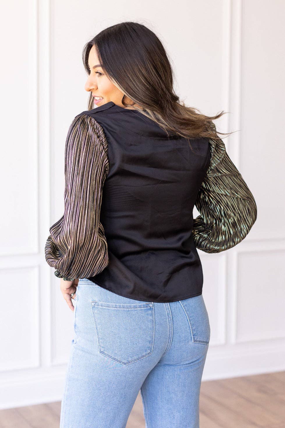 Glamour Gaze Black Top w/Shimmer Sleeves