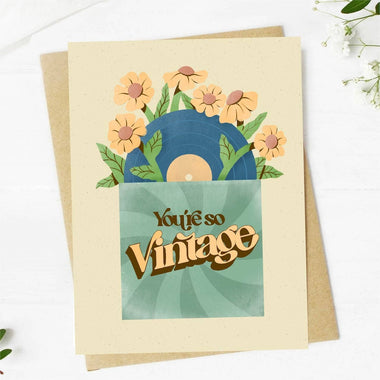 "you're so vintage" record birthday card