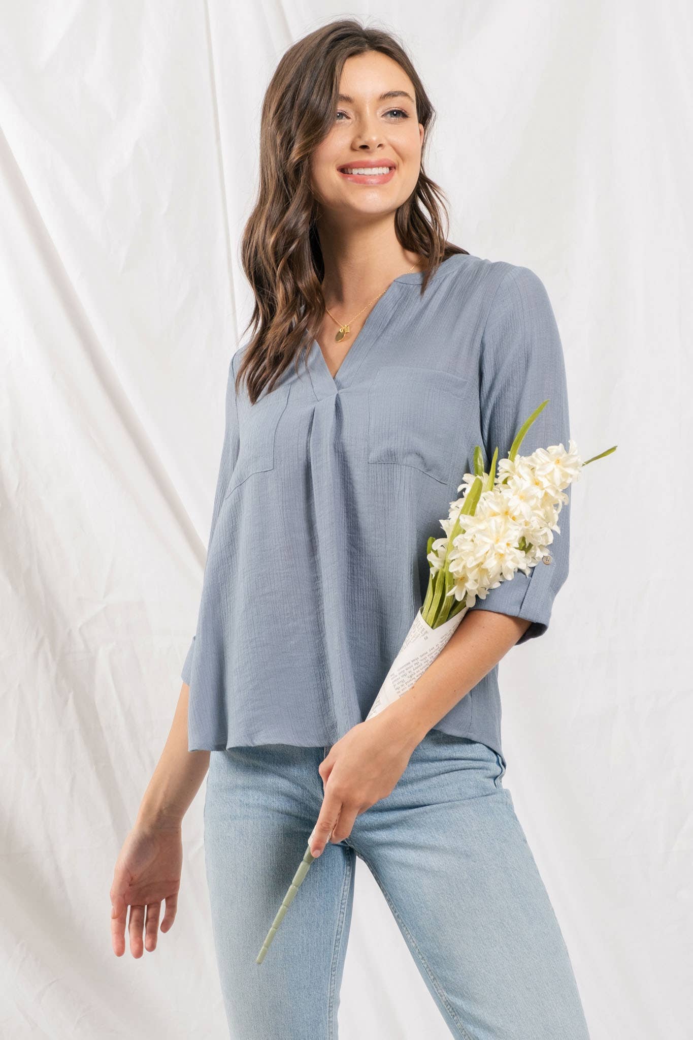 Split Neck Back Button 3/4 Tab Sleeve Top