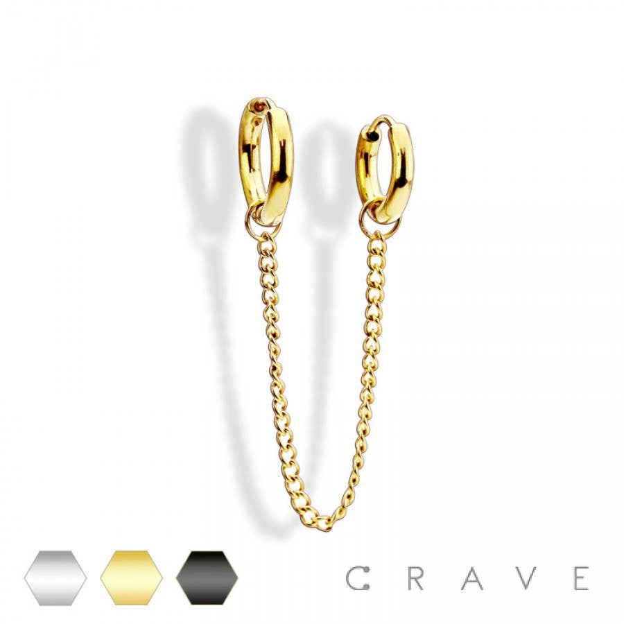 316L STAINLESS STEEL CHAIN-LINKED ROUND HUGGIE/HOOP EARRING: GOLD-10GA (2.5mm)-8MM-10MM