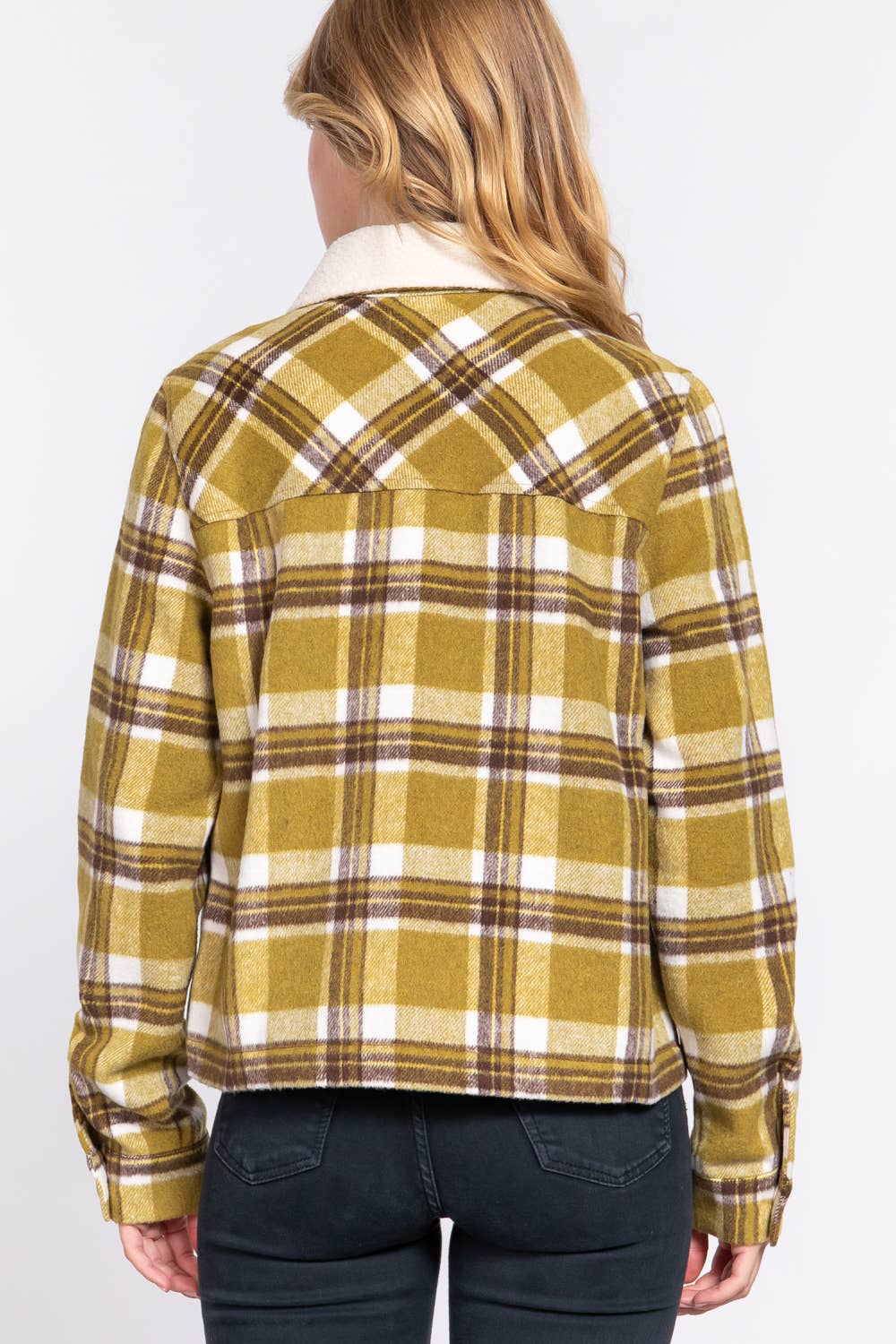 Faux Fur Collar Plaid Shacket