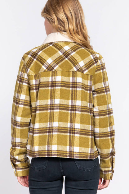 Faux Fur Collar Plaid Shacket