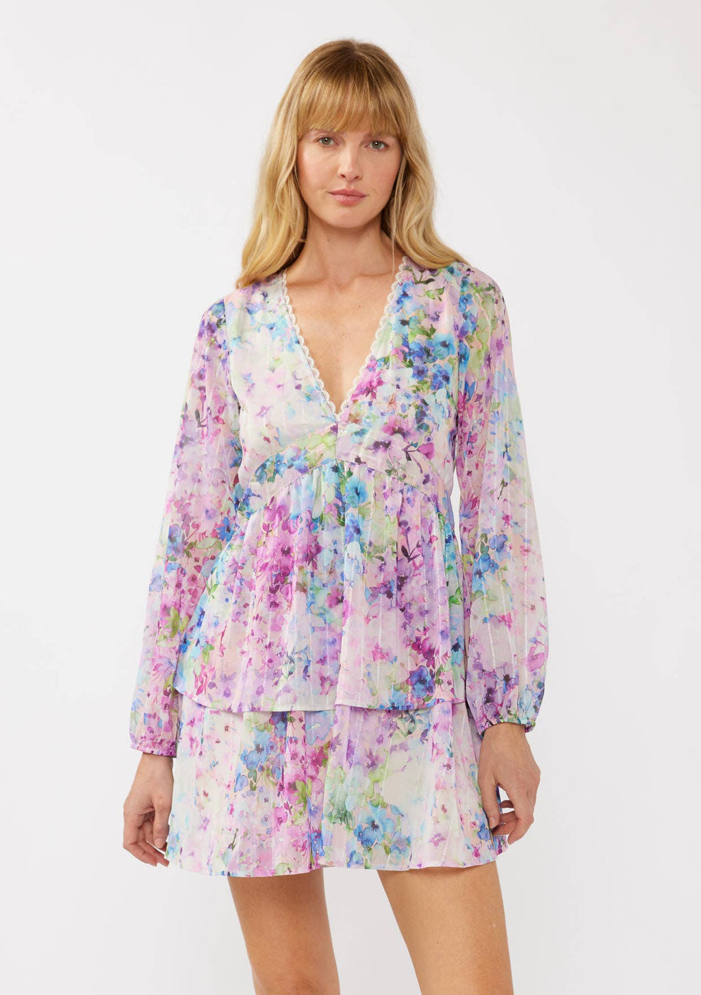 Watercolor Flower V-Neck Tiered Mini Dress