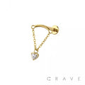 CURVED BAR DANGLE CLEAR HEART CZ CHAIN PUSH IN TOP 316L SURG: GOLD/CLEAR-18GA (1.0MM)-1/4" (6MM)