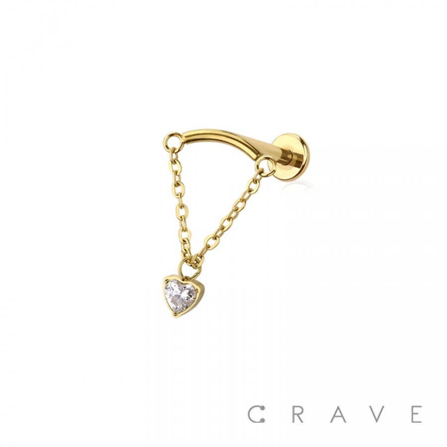 CURVED BAR DANGLE CLEAR HEART CZ CHAIN PUSH IN TOP 316L SURG: GOLD/CLEAR-18GA (1.0MM)-1/4" (6MM)