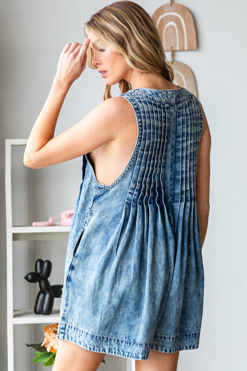 Front Pleated V Neck Sleeveless Denim Romper