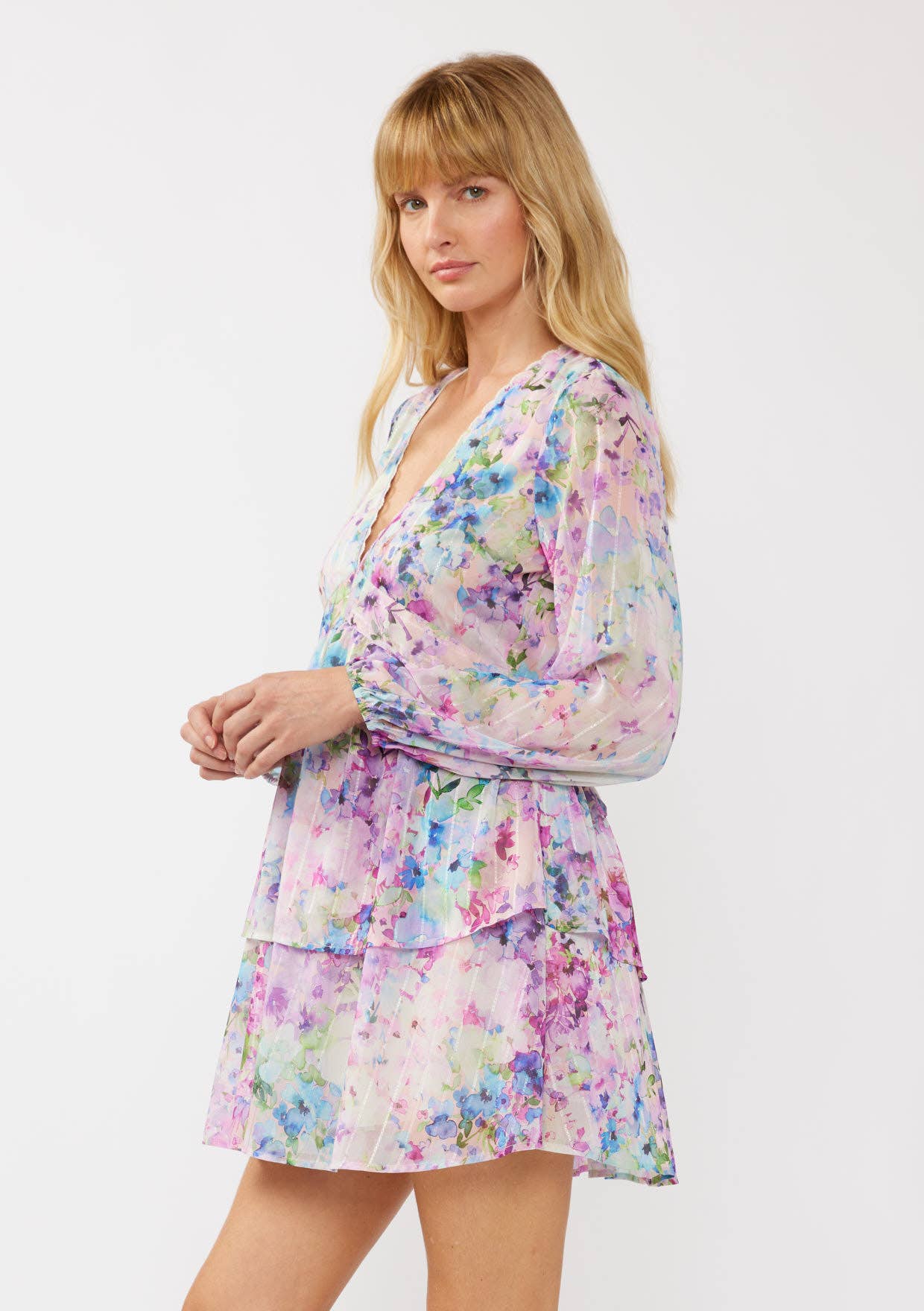 Watercolor Flower V-Neck Tiered Mini Dress