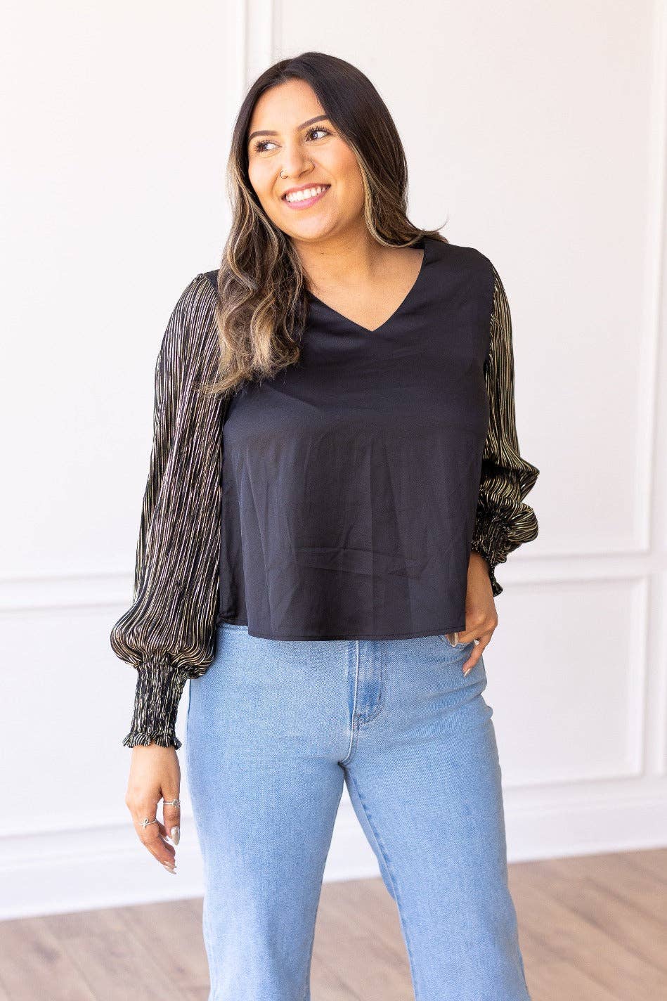 Glamour Gaze Black Top w/Shimmer Sleeves