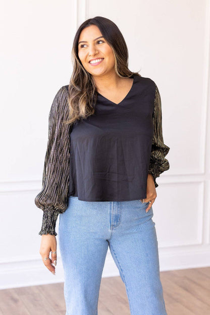 Glamour Gaze Black Top w/Shimmer Sleeves