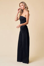 Off Shoulder Wide Leg Denim Jumpsuit