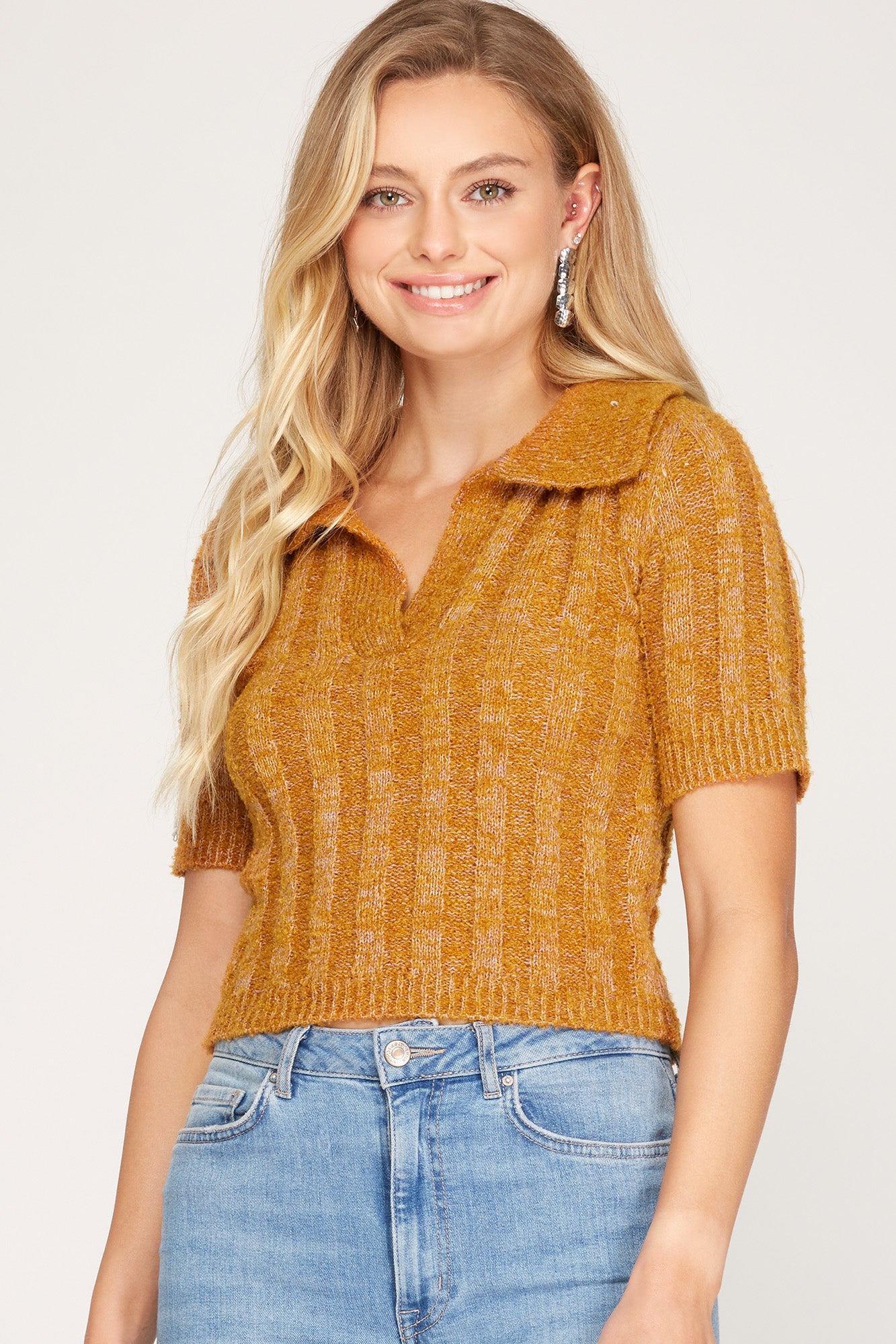 Collared Cropped Knit Sweater Top SS