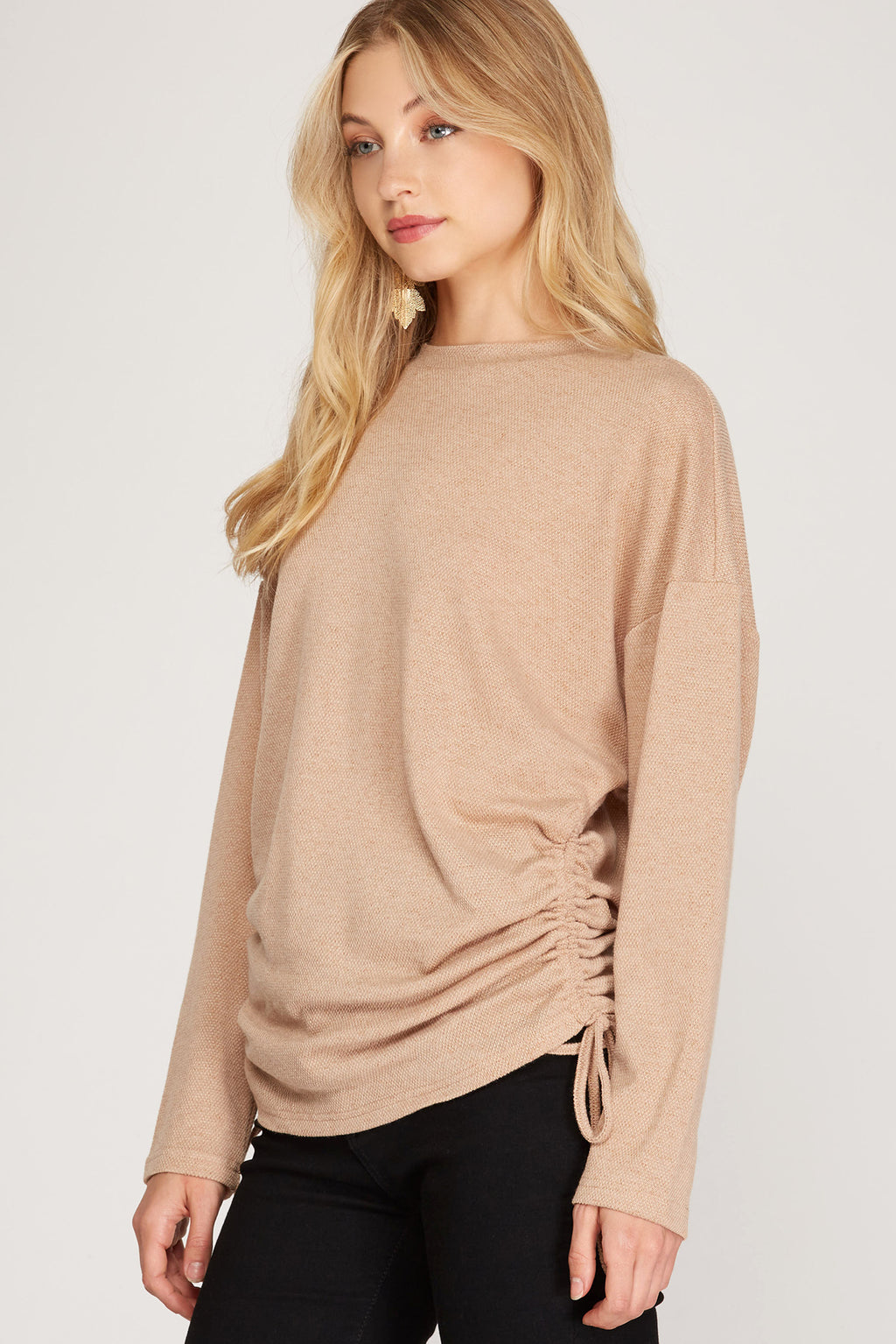 Textured Knit Top w/Ruched Sides