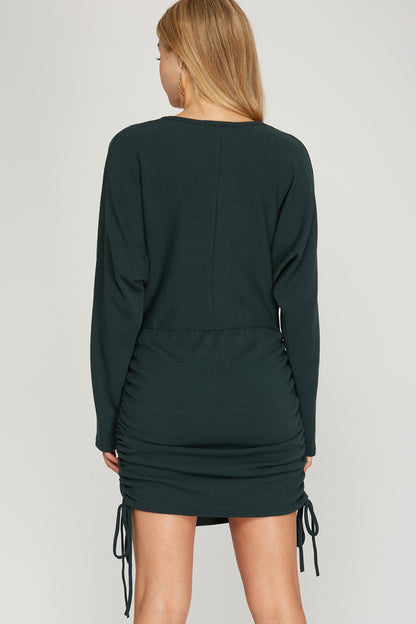 Long Dolman Sleeve Knit Dress w/Drawstring Ruched Sides