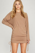 Long Dolman Sleeve Knit Dress w/Drawstring Ruched Sides