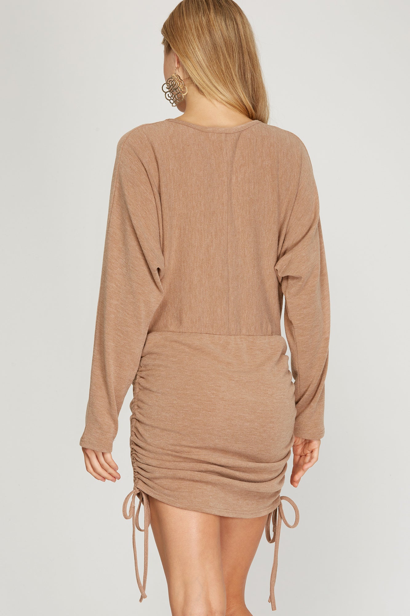 Long Dolman Sleeve Knit Dress w/Drawstring Ruched Sides