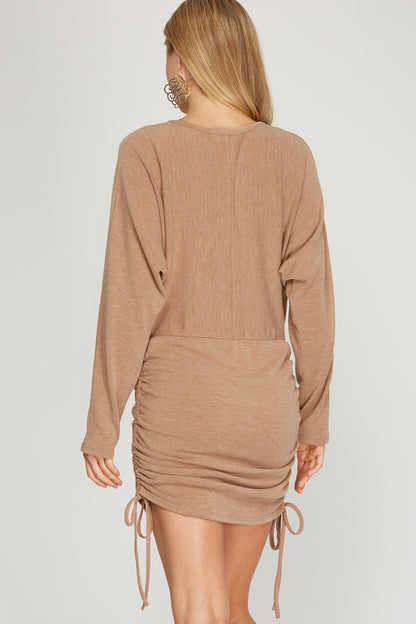 Long Dolman Sleeve Knit Dress w/Drawstring Ruched Sides