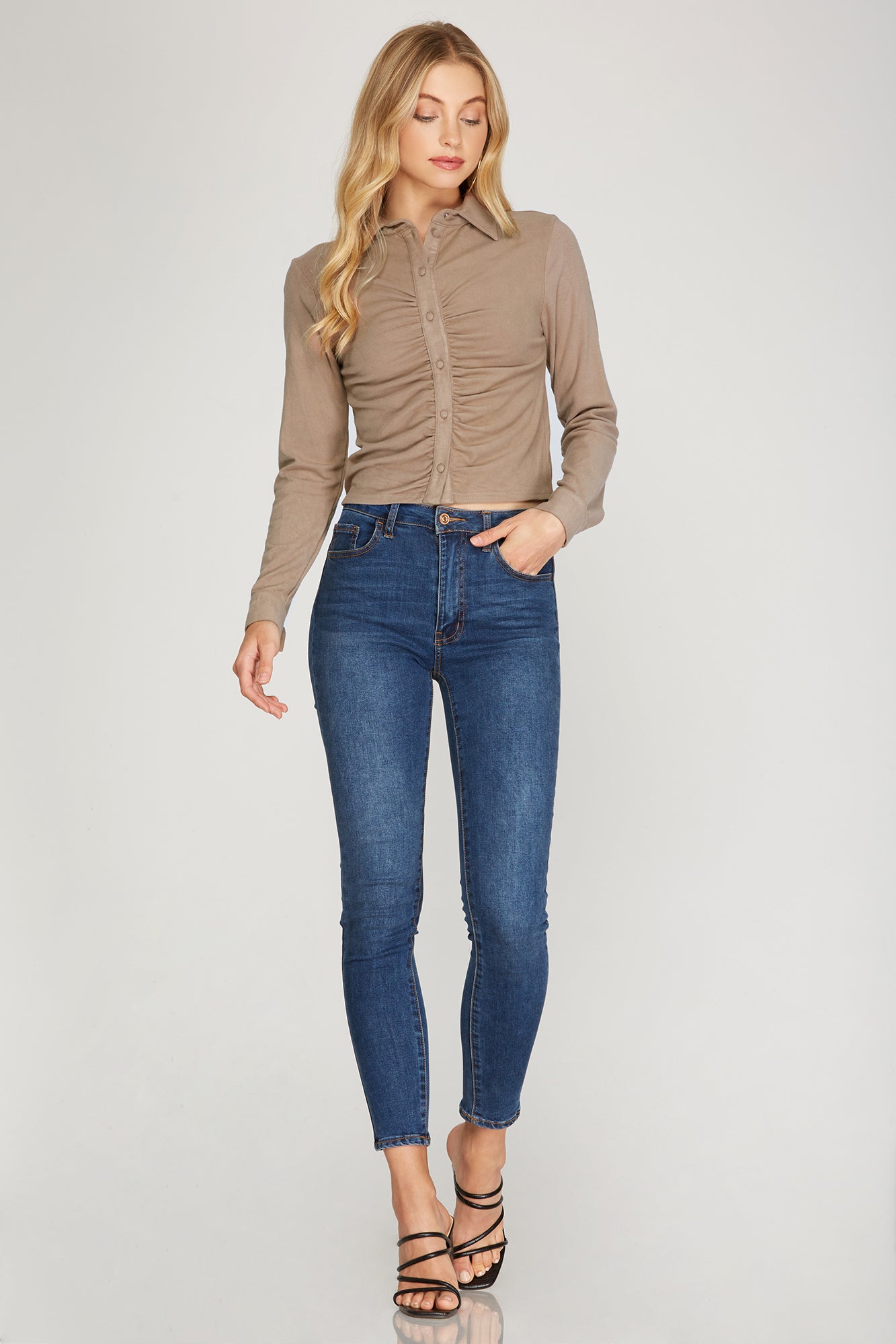 Long Cuff Sleeve Brushed Stretch Knit Top