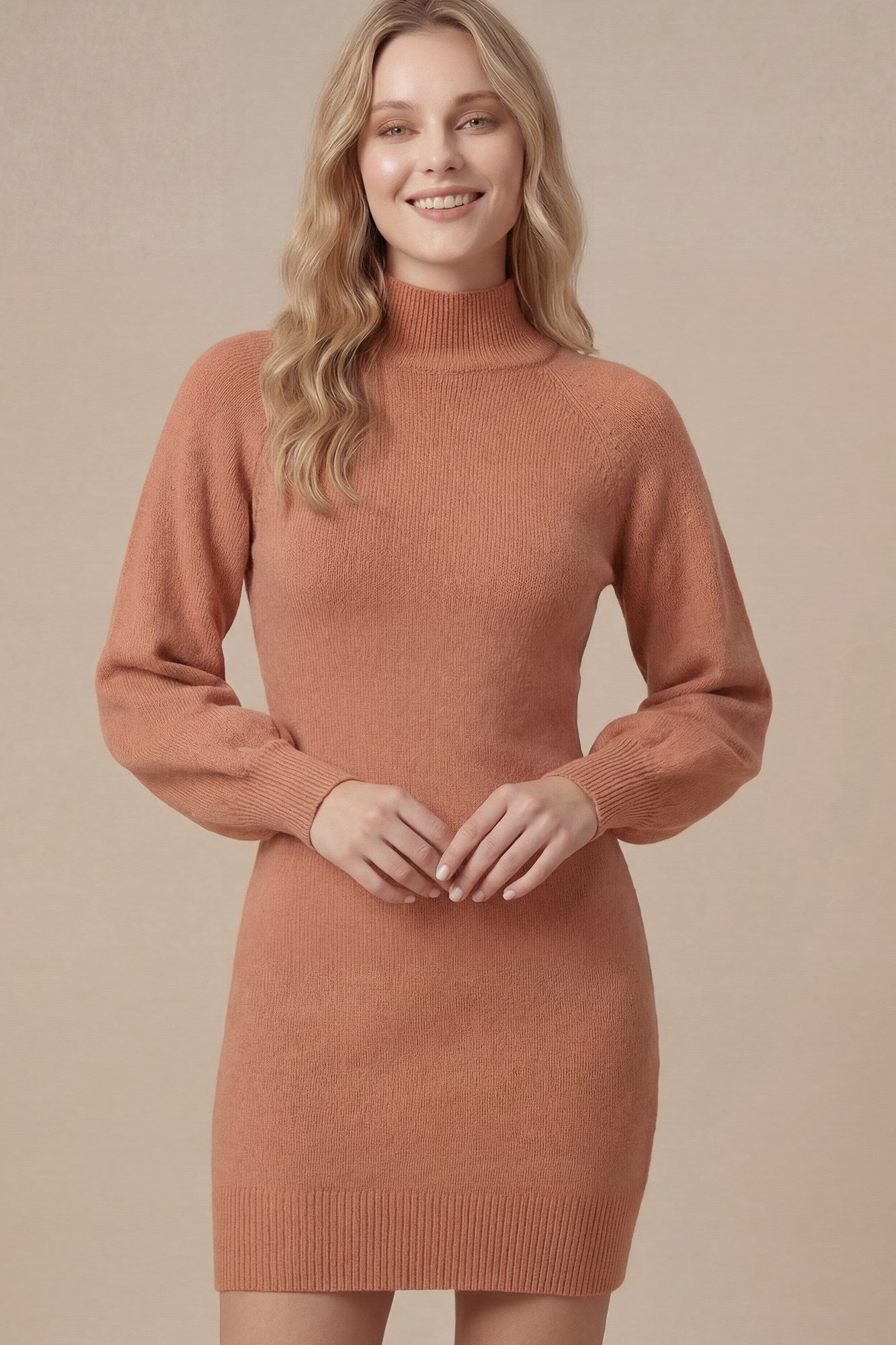 Dusty Peach Mock Neck Balloon Sleeve Sweater Dress