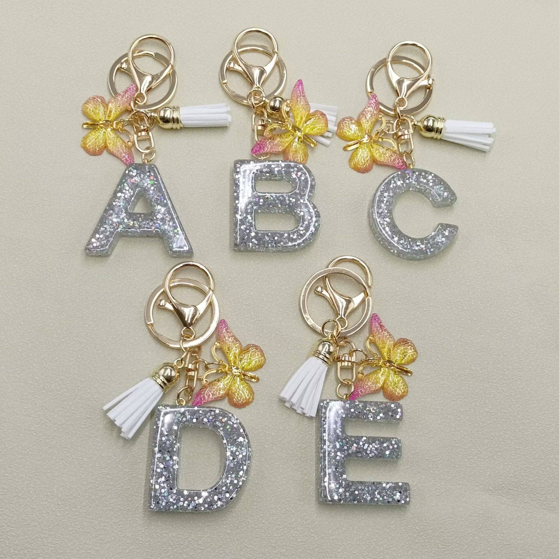 Silver Sequined Resin Letter Charm Keychains