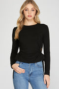 Long Sleeve Side Drawstring Ruched Cutout Knit Top