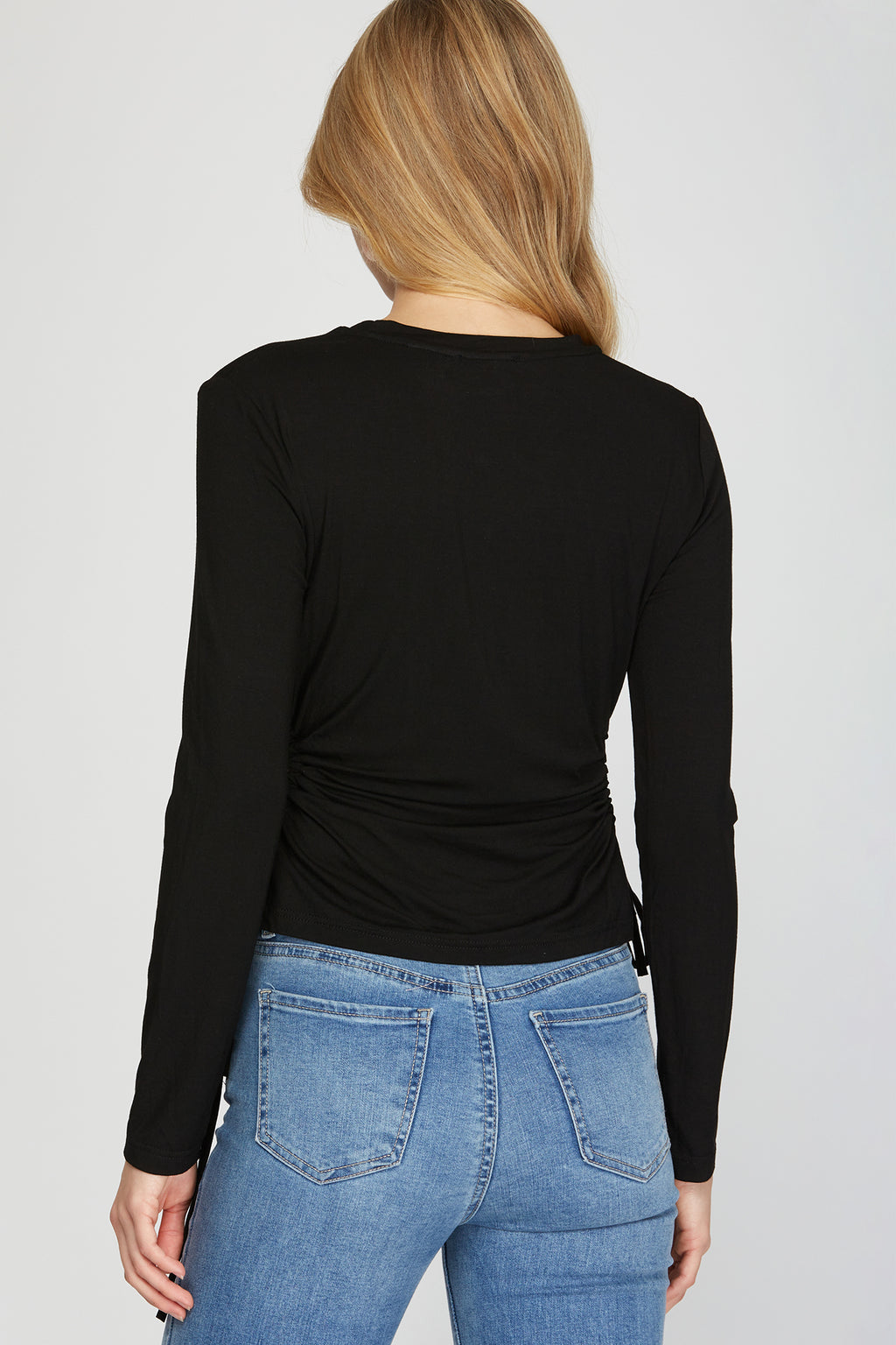 Long Sleeve Side Drawstring Ruched Cutout Knit Top