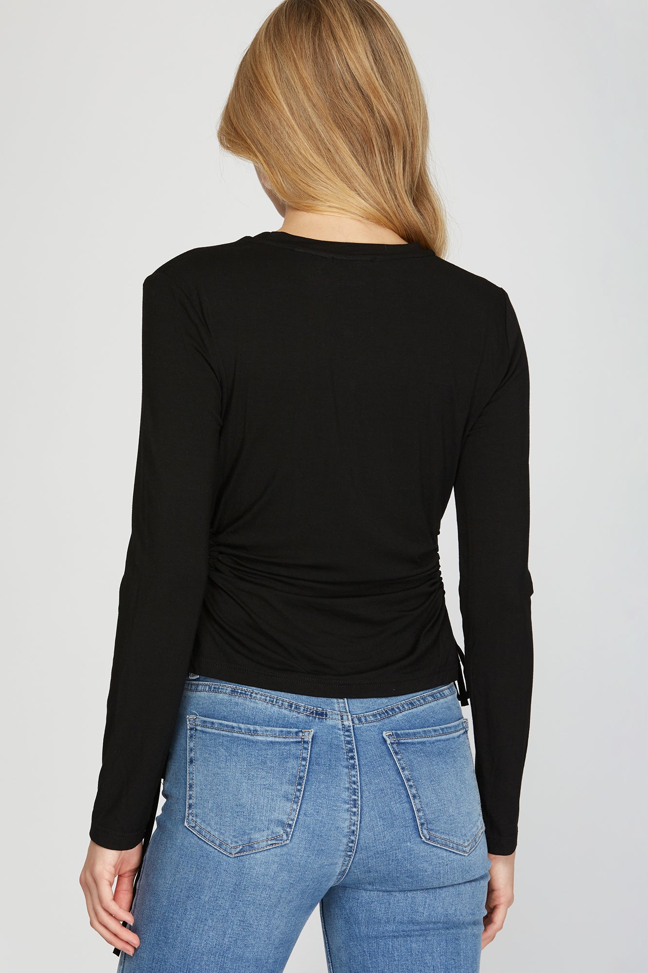 Long Sleeve Side Drawstring Ruched Cutout Knit Top