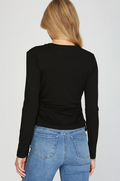 Long Sleeve Side Drawstring Ruched Cutout Knit Top