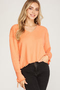 Long Sleeve Rib Knit Lettuce Hem V Neck Top