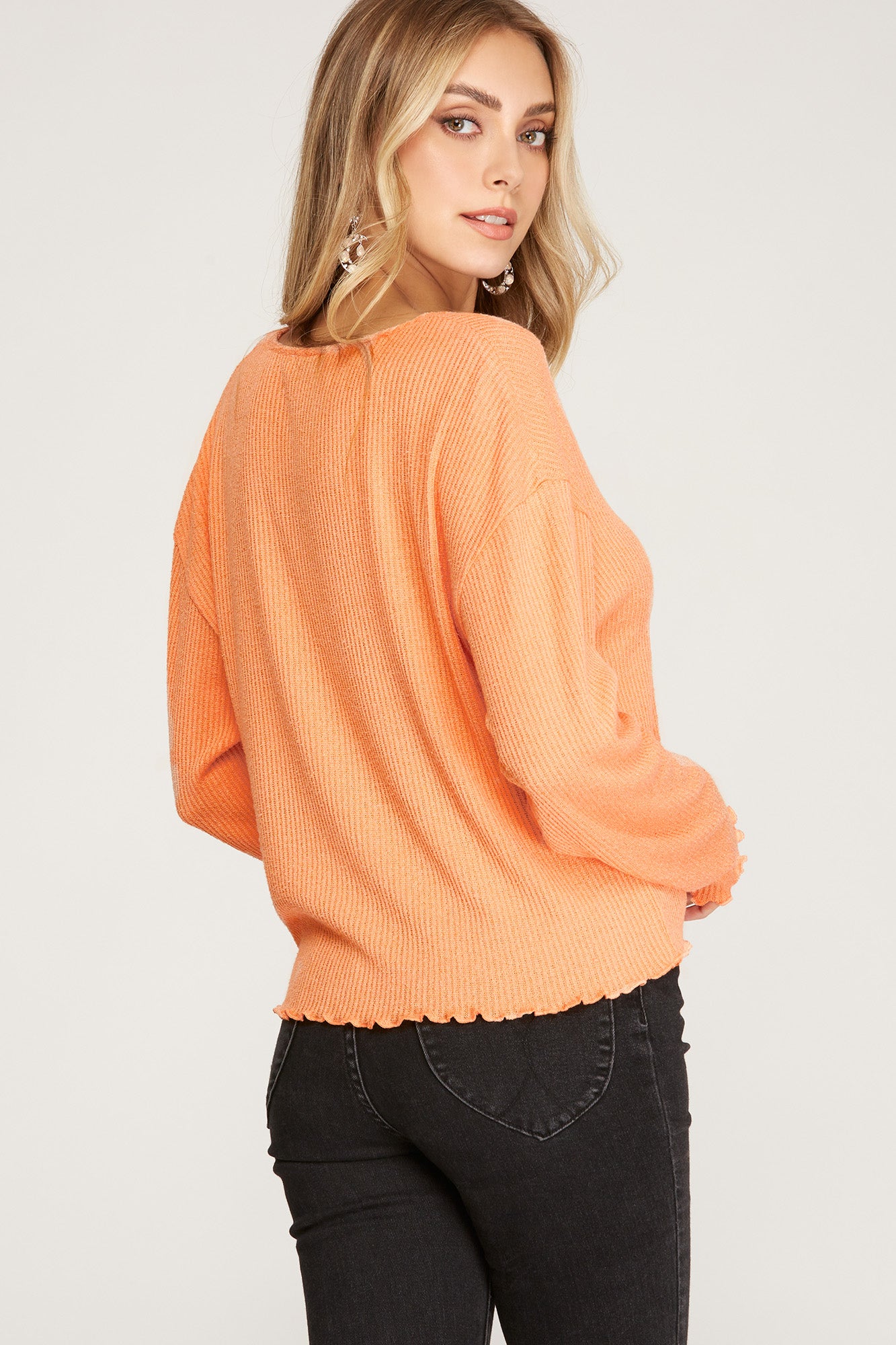 Long Sleeve Rib Knit Lettuce Hem V Neck Top
