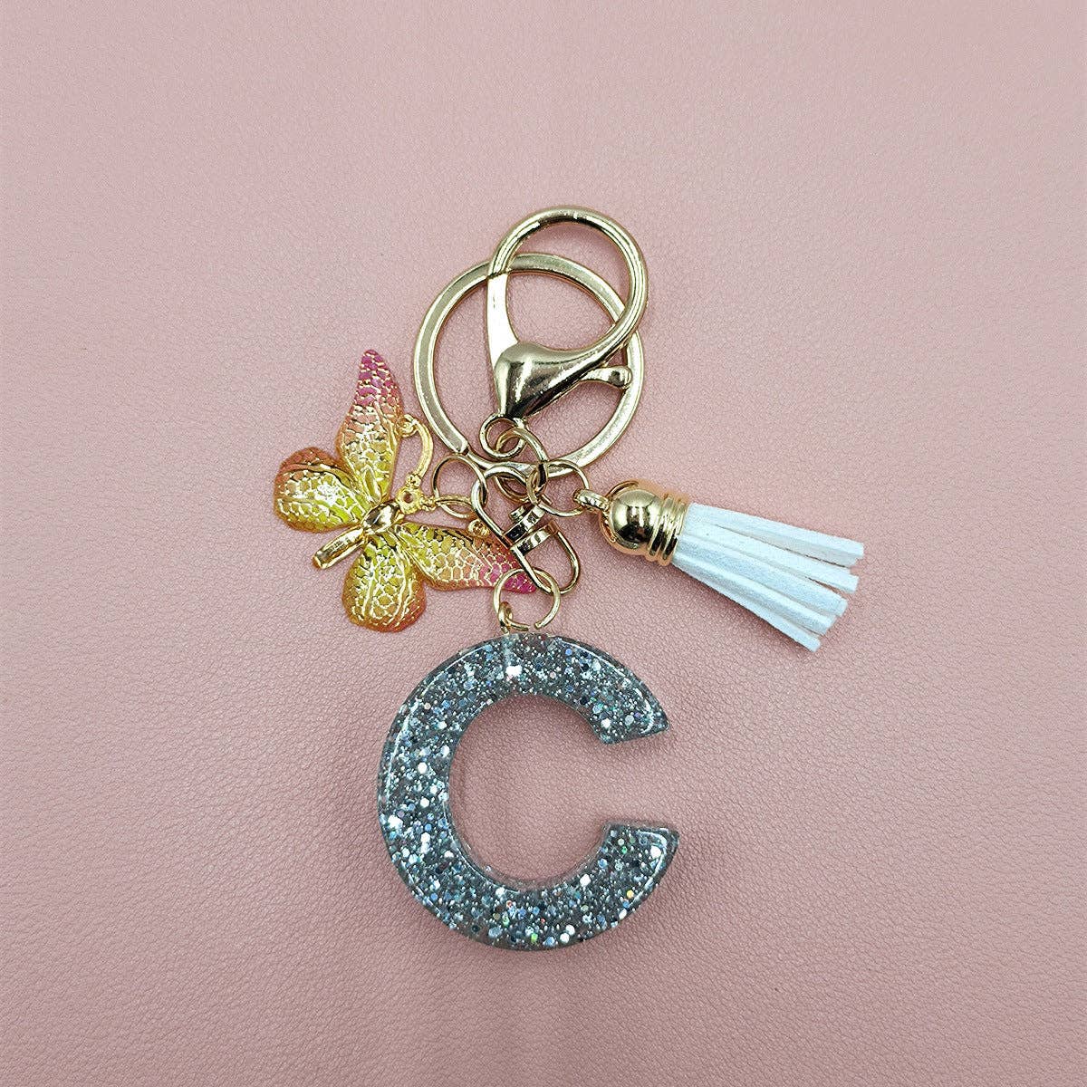 Silver Sequined Resin Letter Charm Keychains