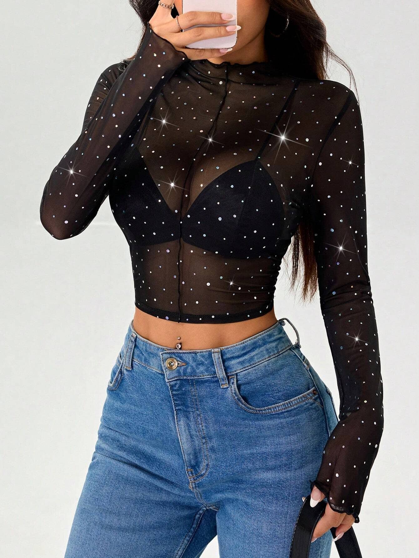 Sequin Long Sleeve Mesh Top