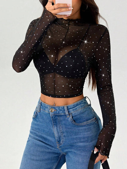 Sequin Long Sleeve Mesh Top