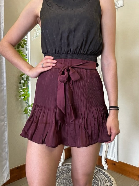 Pleated Satin Shorts w/Waist Tie