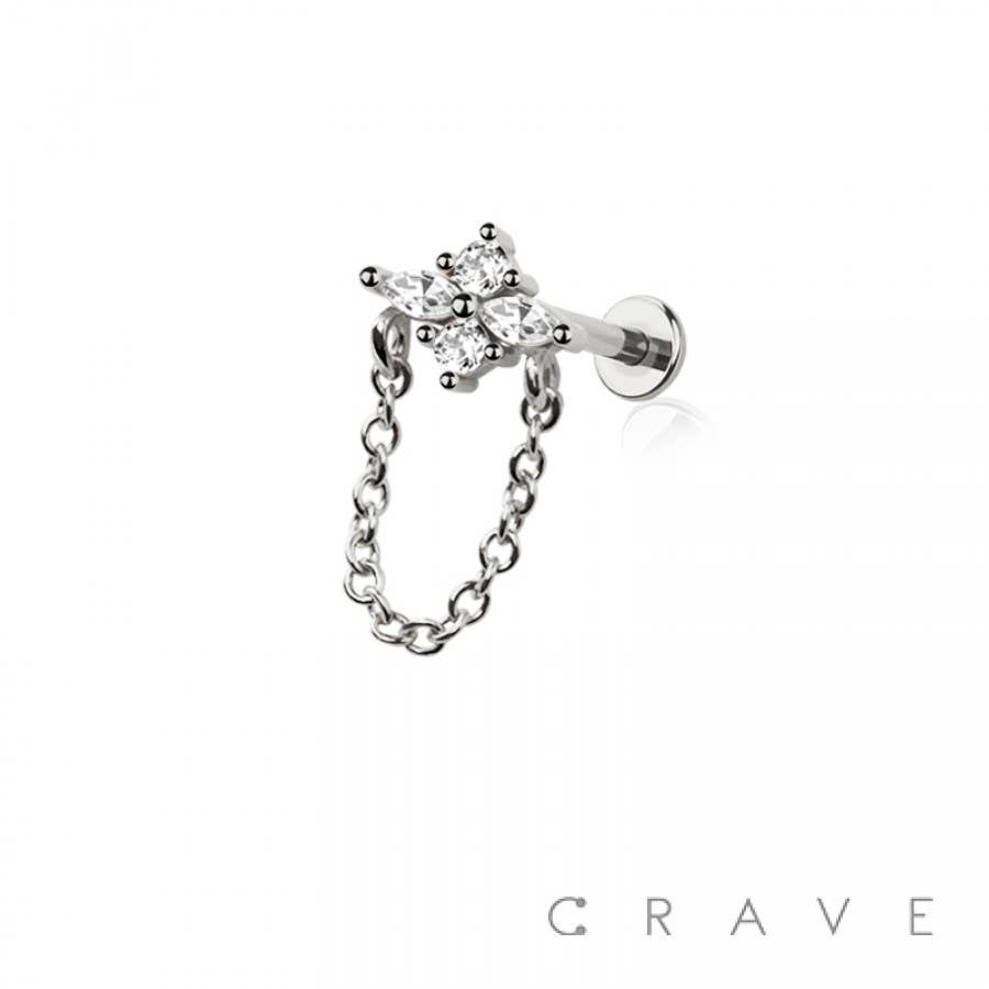FLOWER MARQUISE CZ CHAIN TOP 316L SURGICAL STEEL THREADLESS: GOLD/CLEAR 6MM