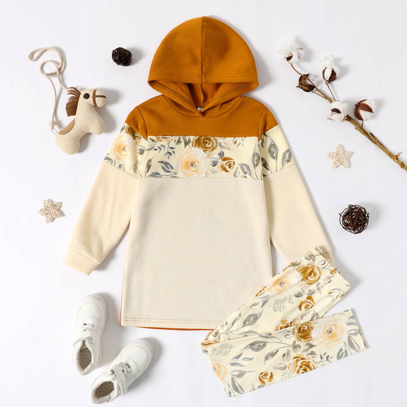 2-piece Girl Floral Hoodie Sweatshirt and Pants Set