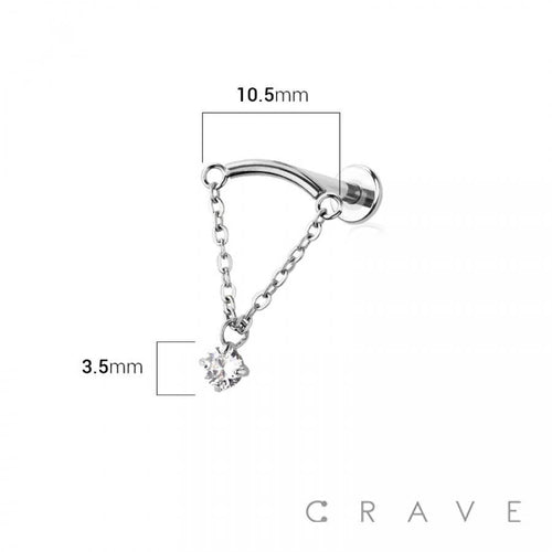 Curved Bar Dangle Clear Round CZ Chain Labret