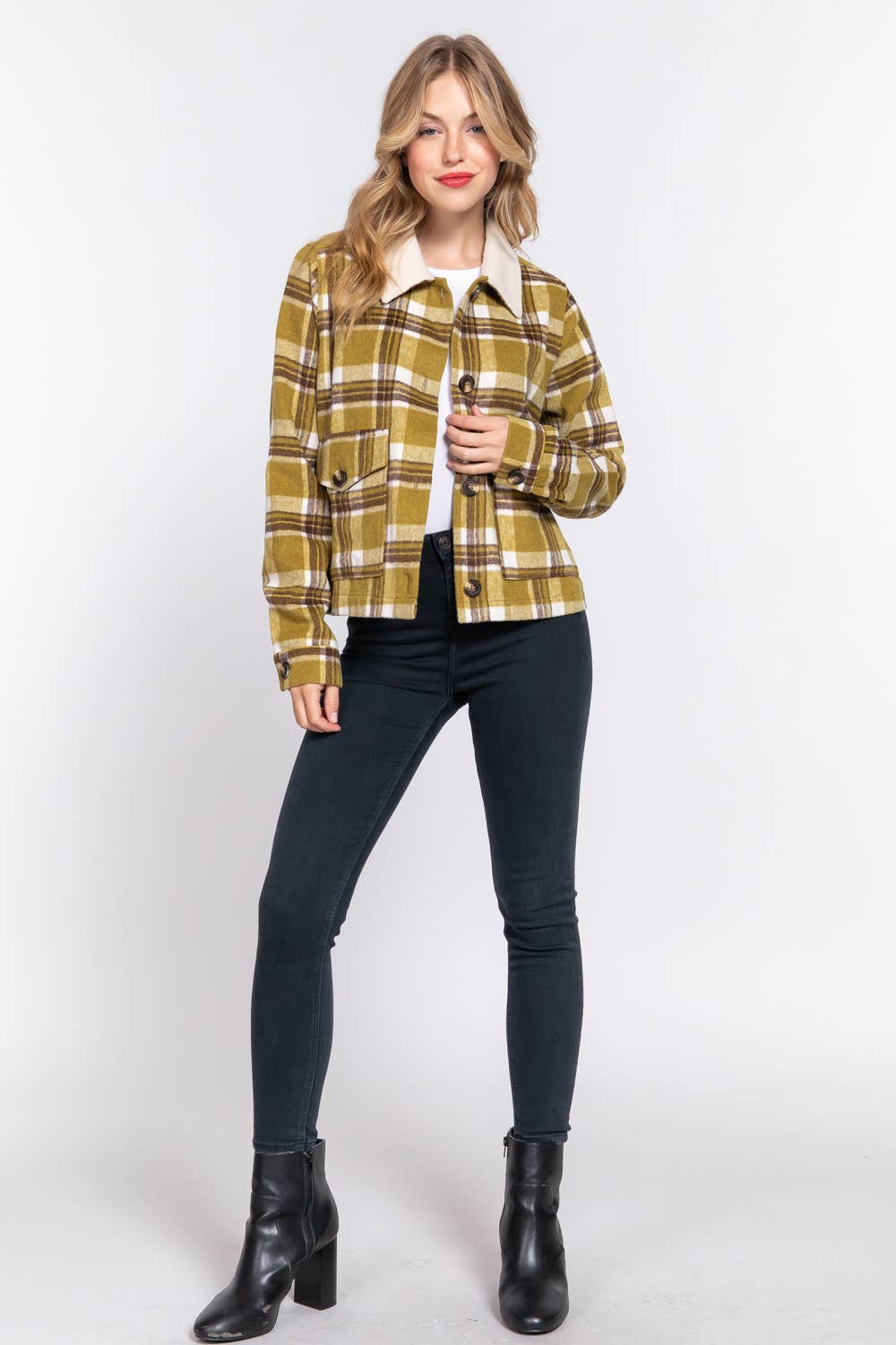 Faux Fur Collar Plaid Shacket